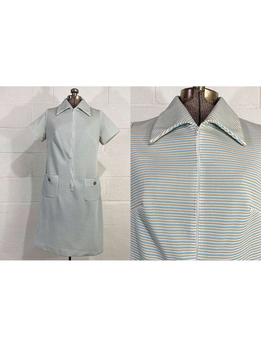 Tan & Blue Shift Dress 1960s Mod Striped Short Sleeve Large